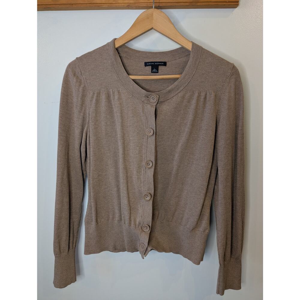 Banana Republic Taupe Brown Cotton Crew Neck Cardigan Large Preppy Vintage Y2K